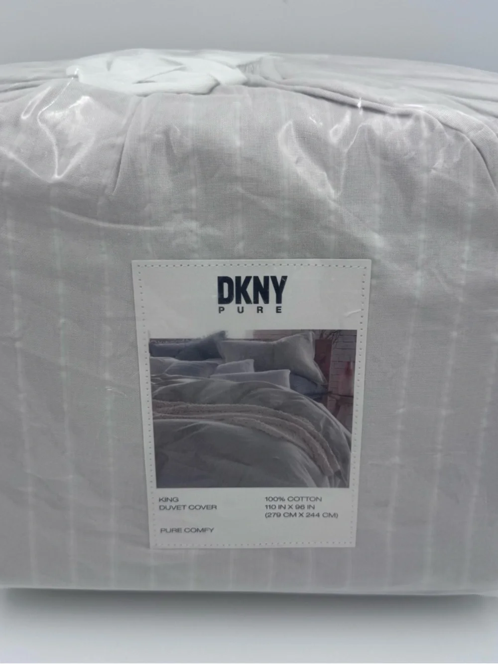 NEW DKNY “Pure Comfy” King Size Duvet Cover, Platinum, Cotton BOHO Minimalist